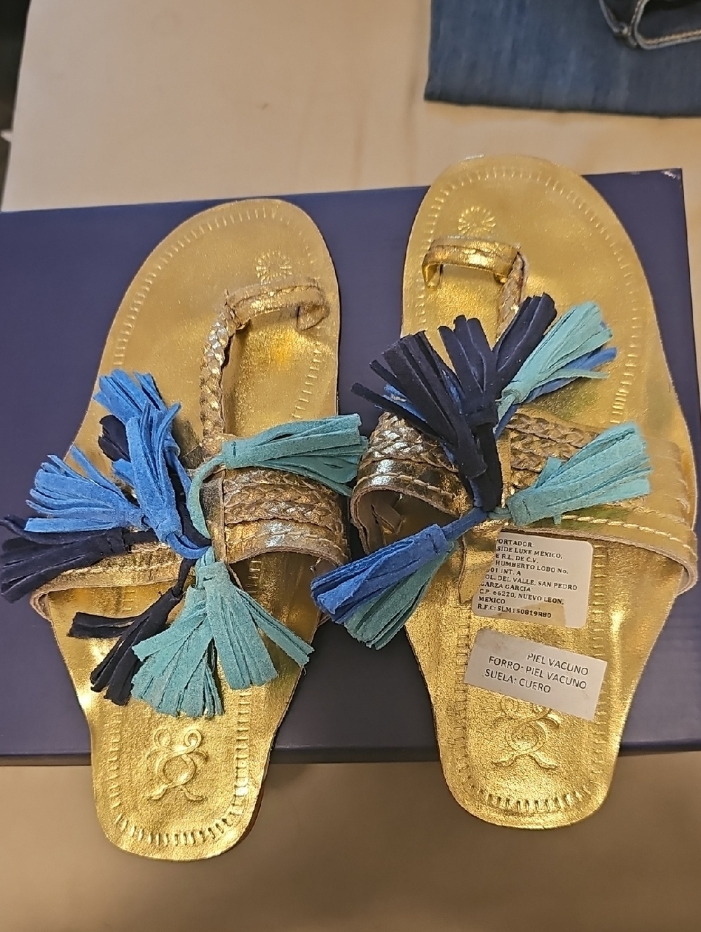 Vero Cuoio - Metallic Gold Slide Sandals with Blue Tassels